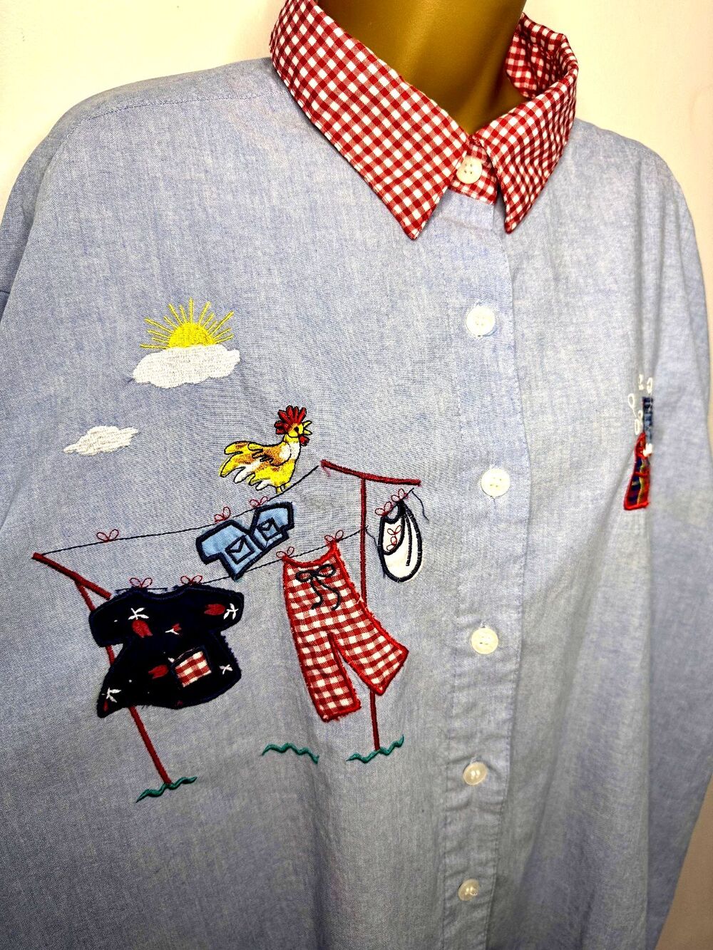 Vtg Chambray Button Shirt Sz 24 Embroidered Gingham Check Novelty Country Farm